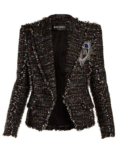 Matchesfashion.com Balmain - Badge Appliqu Tweed Blazer - Womens - Black Multi