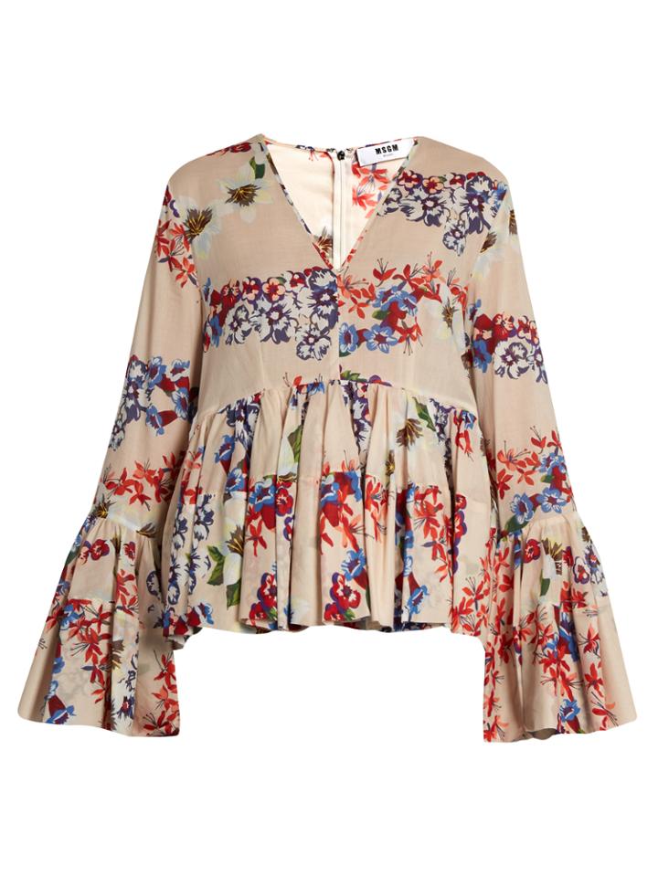 Msgm Floral-print Flared-sleeve Cotton Top