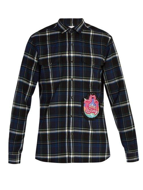 Matchesfashion.com Valentino - Sequined Flamingo Patch Plaid Shirt - Mens - Blue