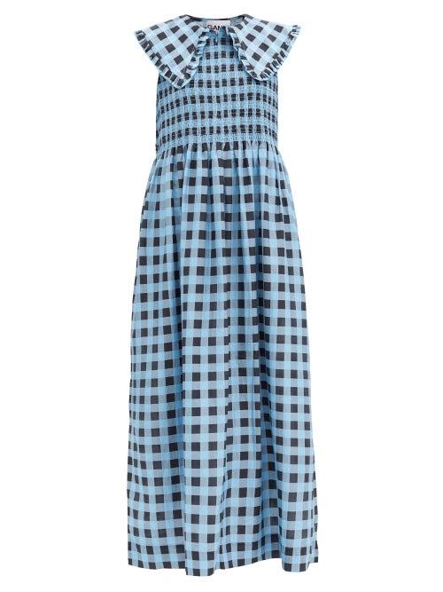 Matchesfashion.com Ganni - Ruffled-collar Shirred Gingham Cotton-blend Dress - Womens - Blue