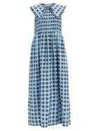 Matchesfashion.com Ganni - Ruffled-collar Shirred Gingham Cotton-blend Dress - Womens - Blue