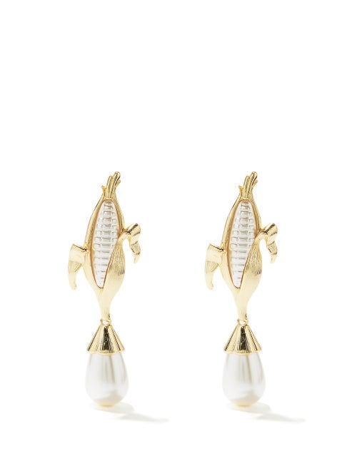 Shrimps - Baby Corn Faux-pearl Clip Earrings - Womens - Gold Multi