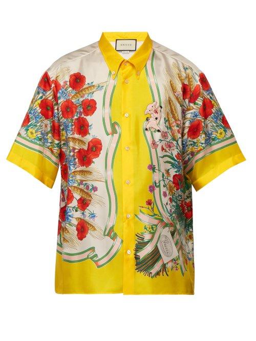 Matchesfashion.com Gucci - Floral Print Silk Twill Shirt - Mens - Yellow Multi