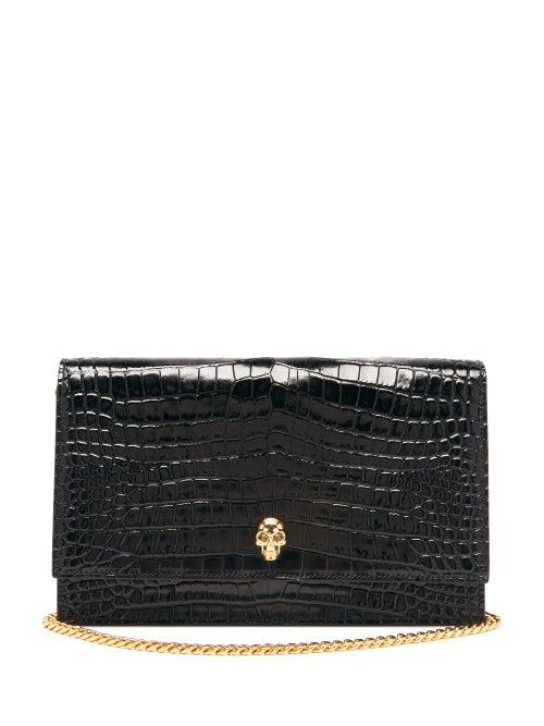Matchesfashion.com Alexander Mcqueen - Skull Crocodile-effect Leather Cross-body Bag - Womens - Black