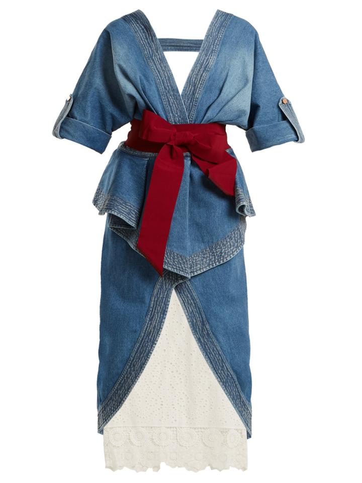 Johanna Ortiz Broderie-anglaise Layered Denim Wrap Dress