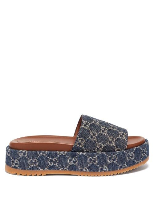 Ladies Shoes Gucci - Gg Jacquard-denim And Leather Slides - Womens - Blue Multi