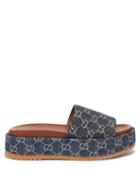 Ladies Shoes Gucci - Gg Jacquard-denim And Leather Slides - Womens - Blue Multi