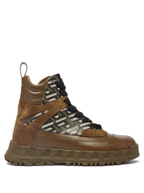 Versace - La Greca High-top Leather And Suede Trainers - Mens - Brown Multi