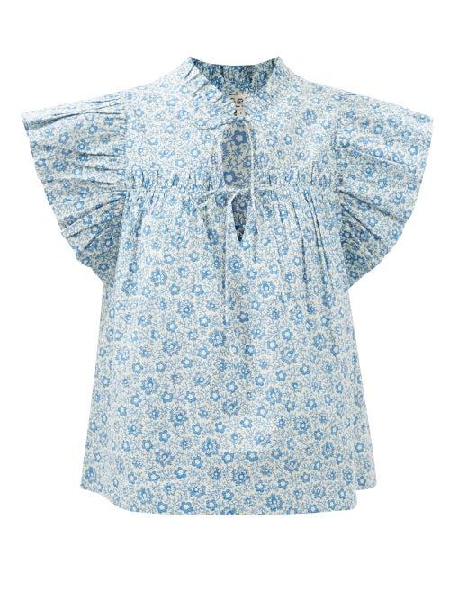 Sea - Ida Floral-print Cotton-poplin Top - Womens - Blue Multi