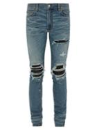 Matchesfashion.com Amiri - Mx1 Distressed Leather Panel Slim Leg Jeans - Mens - Indigo