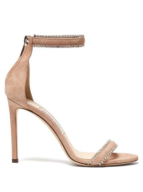Matchesfashion.com Jimmy Choo - Dochas 100 Crystal Strap Suede Sandals - Womens - Beige
