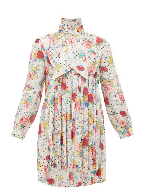 Matchesfashion.com Balenciaga - High-neck Floral-print Pleated-front Crepe Dress - Womens - Cream Multi