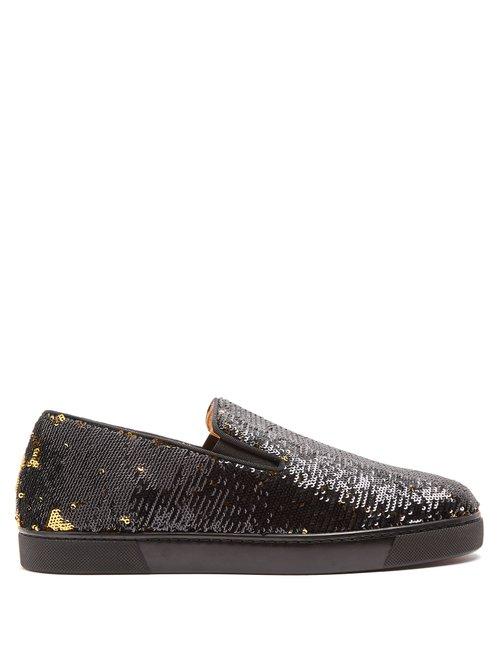 Matchesfashion.com Christian Louboutin - Boat Sequin Embellished Slip On Trainers - Womens - Black Gold