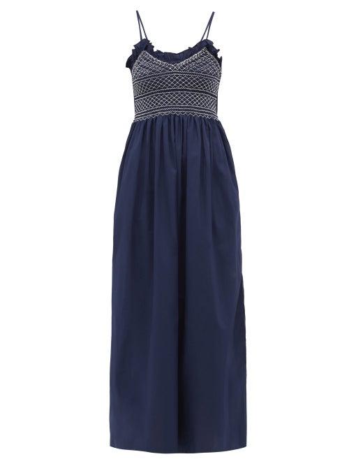 Matchesfashion.com Loretta Caponi - Bianca Shirred-bodice Embroidered Cotton Dress - Womens - Navy White