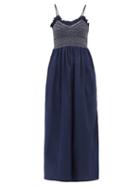 Matchesfashion.com Loretta Caponi - Bianca Shirred-bodice Embroidered Cotton Dress - Womens - Navy White