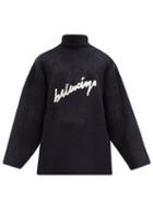 Matchesfashion.com Balenciaga - Embroidered-logo Rib-knitted Cotton-blend Sweater - Mens - Navy