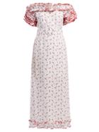 Matchesfashion.com Gl Hrgel - Ruffled Off Shoulder Floral Print Linen Dress - Womens - White Print