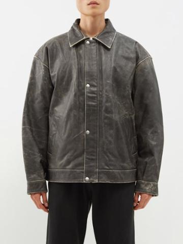 Liberal Youth Ministry - Logo-print Padded Distressed Leather Jacket - Mens - Black