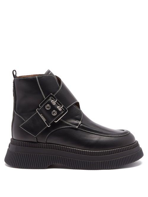 Ganni - Buckled Exaggerated-sole Leather Boots - Womens - Black
