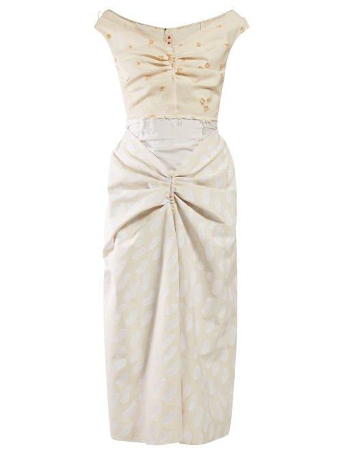 Matchesfashion.com Marni - Off Shoulder Gathered Front Cotton Midi Dress - Womens - Beige Multi