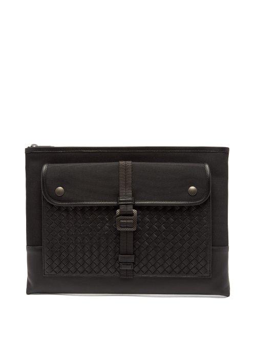 Matchesfashion.com Bottega Veneta - Intrecciato Weave Leather And Canvas Pouch - Mens - Black