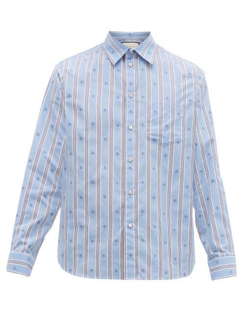 Matchesfashion.com Gucci - Striped Intarsia Bee Cotton Poplin Shirt - Mens - Blue Multi