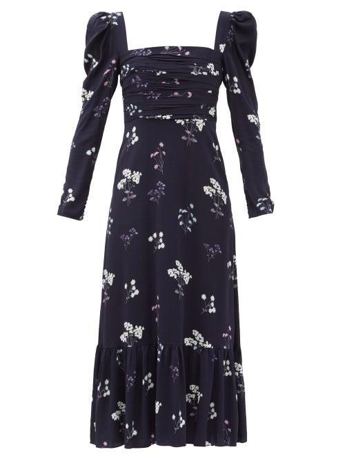 Ladies Rtw Self-portrait - Square-neck Floral-print Taffeta Midi Dress - Womens - Navy Print
