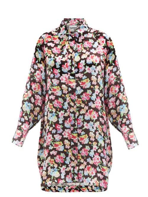 Ganni - Floral-print Satin Pyjama Shirt - Womens - Black Floral