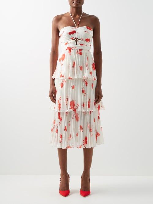 Self-portrait - Wild Daisy-print Halterneck Tiered Chiffon Dress - Womens - White Print