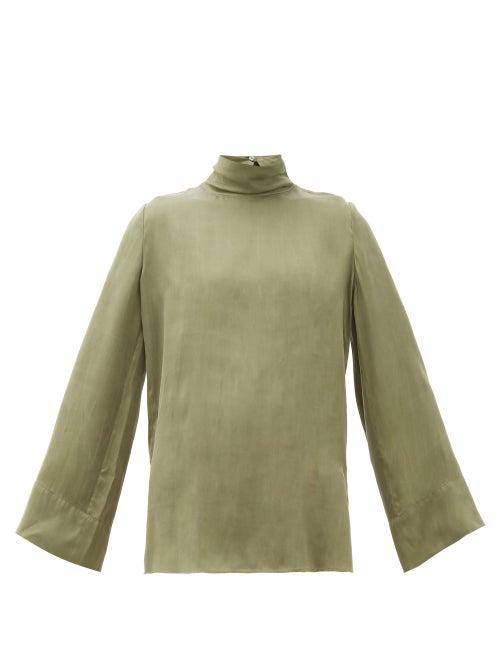 Matchesfashion.com Worme - The High Neck Sandwashed-silk Blouse - Womens - Khaki