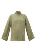 Matchesfashion.com Worme - The High Neck Sandwashed-silk Blouse - Womens - Khaki