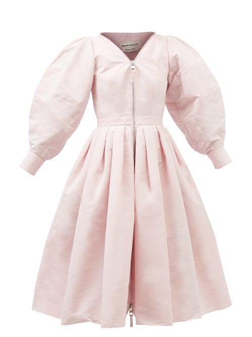 Alexander Mcqueen - Puff-sleeve Pleated Faille Midi Dress - Womens - Light Pink