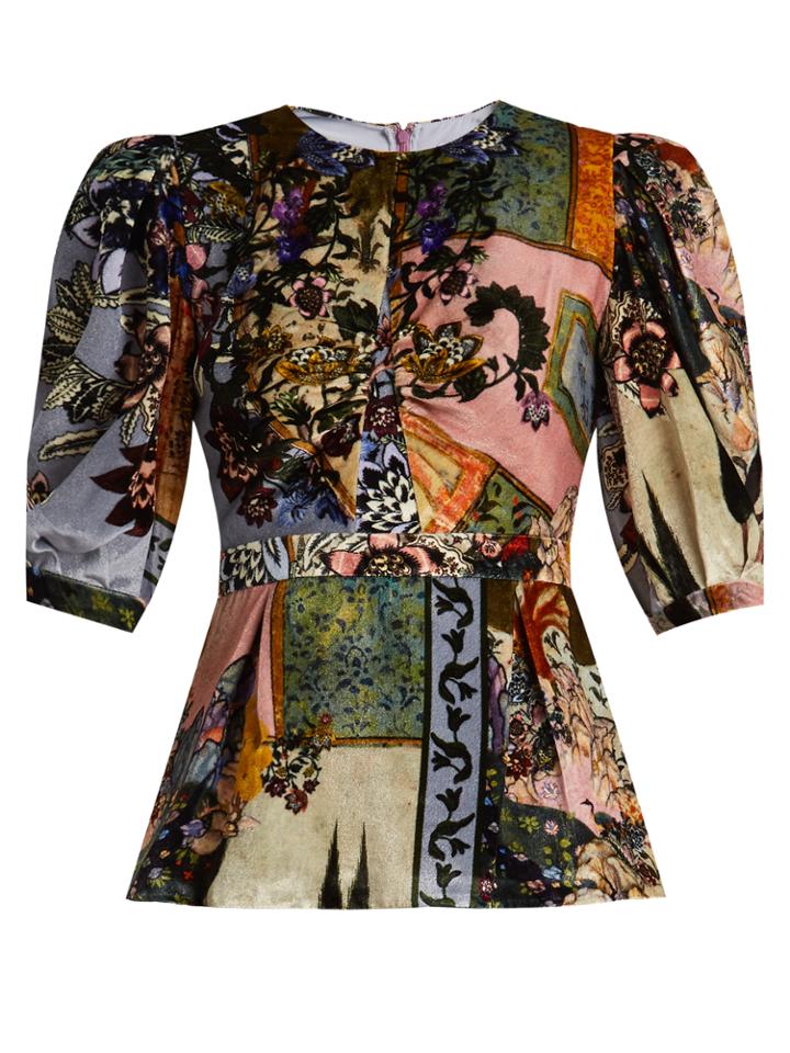 Erdem Evelia Round Neck Contrast Print Velvet Top