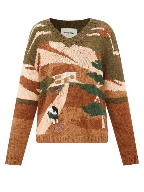Story Mfg. - Keeping Landscape-intarsia Organic-cotton Sweater - Womens - Khaki Multi