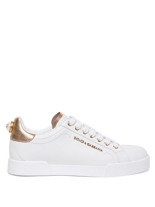 Matchesfashion.com Dolce & Gabbana - Logo-plaque & Faux-pearl Leather Trainers - Womens - White Gold