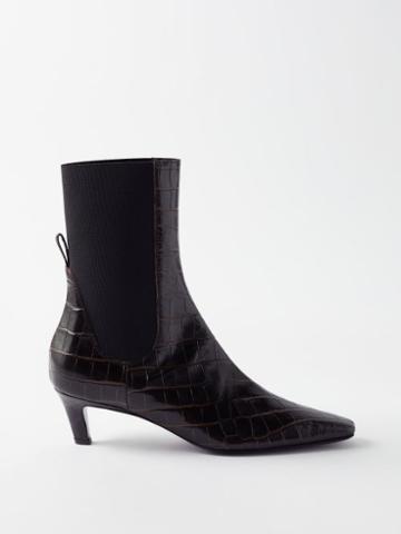 Toteme - Kitten-heel Croc-embossed Leather Ankle Boots - Womens - Dark Brown