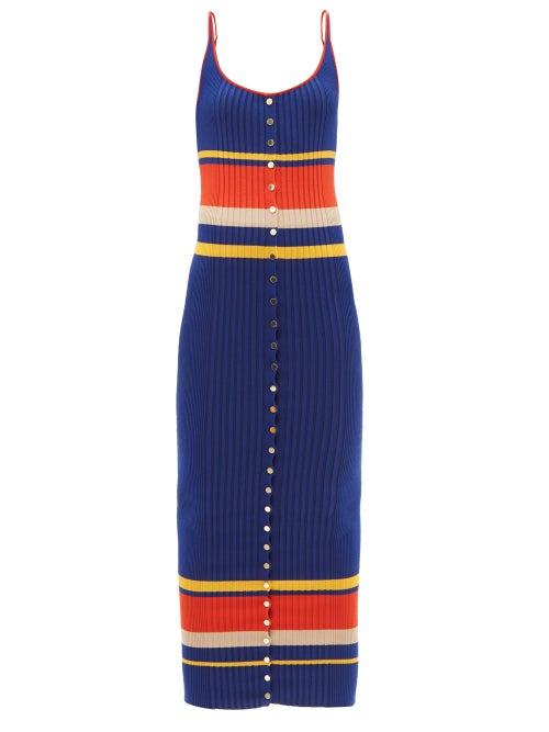 Ladies Rtw Paco Rabanne - Striped Ribbed Cotton-blend Maxi Dress - Womens - Blue Multi