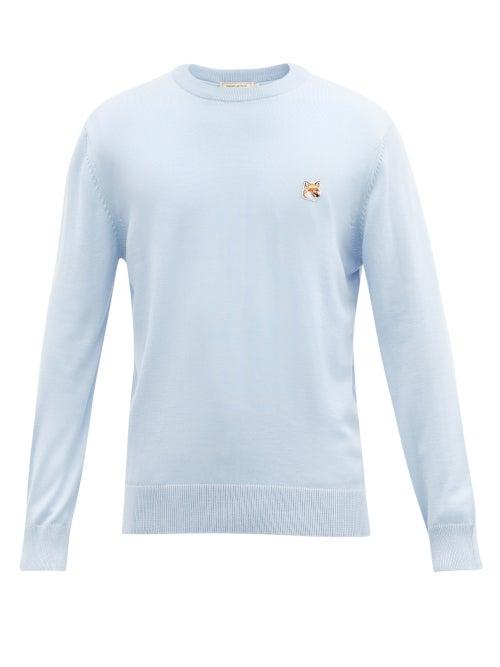 Matchesfashion.com Maison Kitsun - Fox Head Wool Sweater - Mens - Light Blue
