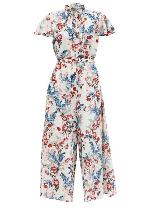 Matchesfashion.com Erdem - Ellamay Belted Bird Blossom-print Silk Jumpsuit - Womens - White Print