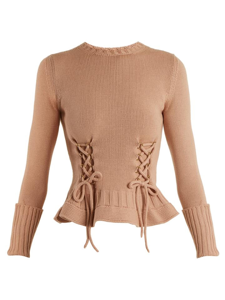 Alexander Mcqueen Lace-up Fluted-hem Wool-knit Sweater