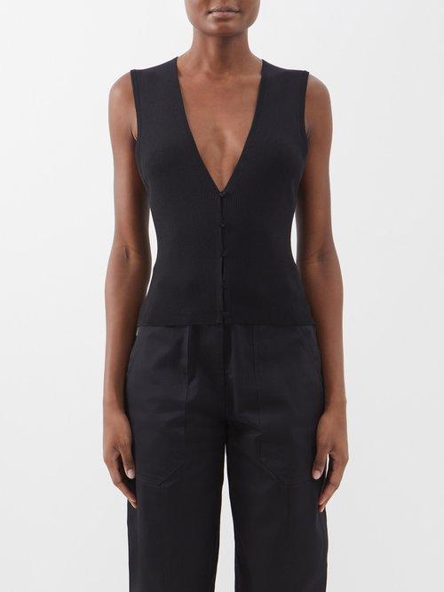 Matteau - V-neck Ribbed-knit Buttoned Tank Top - Womens - Black