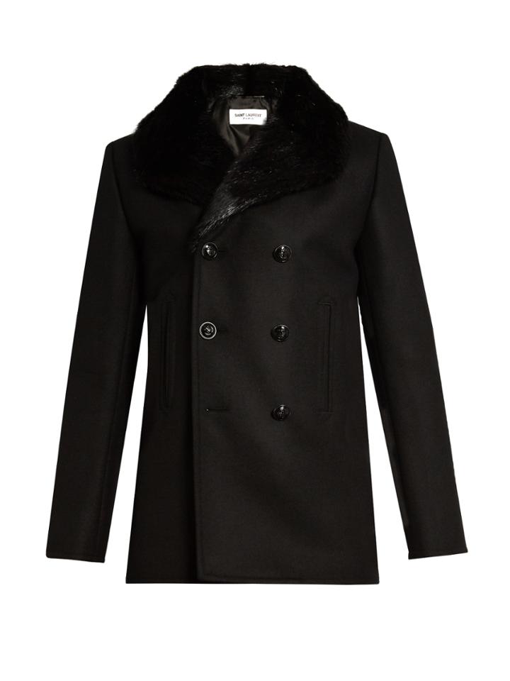 Saint Laurent Double-breasted Fur-trimmed Wool Coat