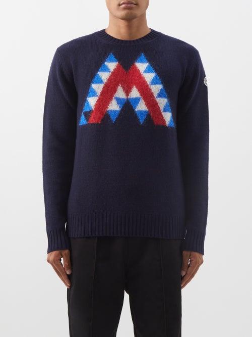 Moncler - Logo-intarsia Wool-blend Sweater - Mens - Navy