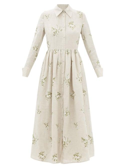 Erdem - Cora Floral-embroidered Linen-blend Shirt Dress - Womens - Beige