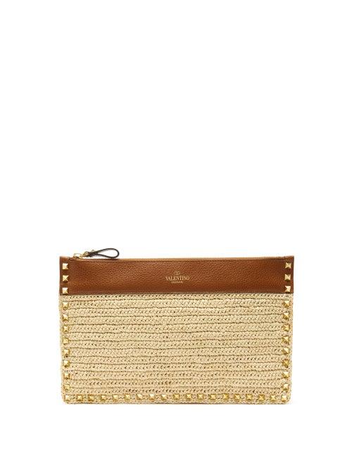 Matchesfashion.com Valentino Garavani - Rockstud Leather And Raffia Pouch - Womens - Tan Multi