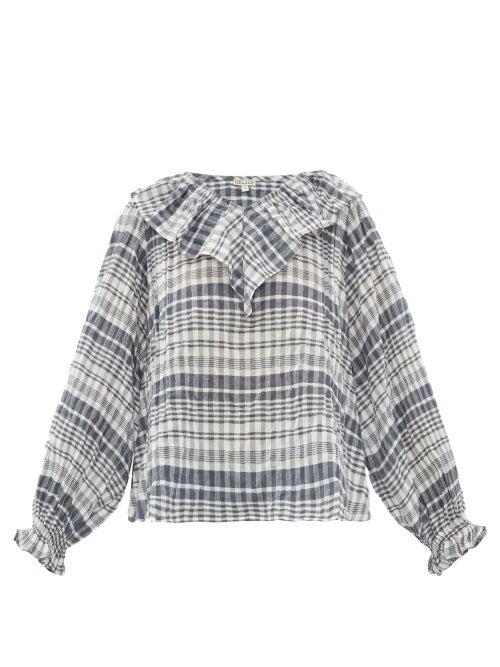 Matchesfashion.com Belize - Daphne Ruffle-neck Checked Cotton-blend Blouse - Womens - Navy White