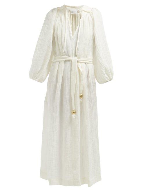 Matchesfashion.com Lisa Marie Fernandez - Poet Belted Slubbed Linen Blend Dress - Womens - White