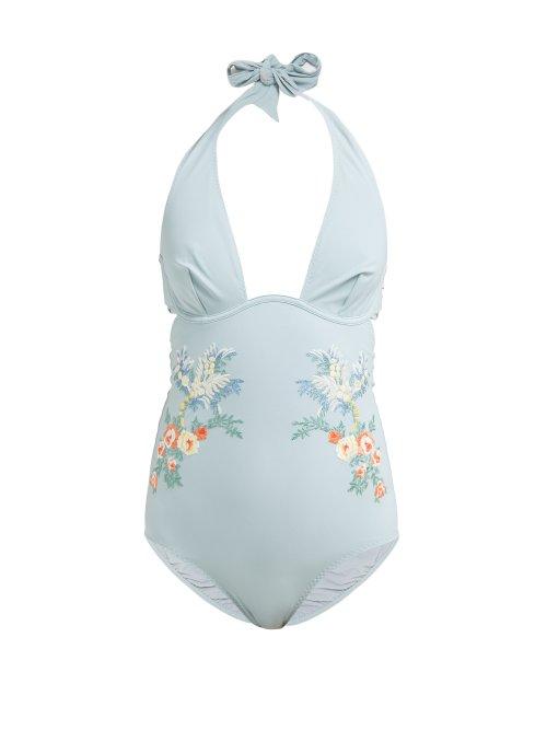 Matchesfashion.com Stella Mccartney - Floral Embroidered Halterneck Swimsuit - Womens - Light Blue