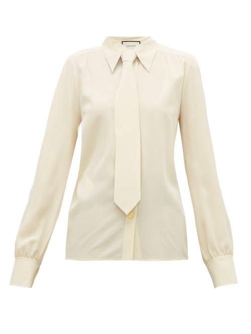 Matchesfashion.com Gucci - Tie Embellished Silk Crepe De Chine Blouse - Womens - Ivory