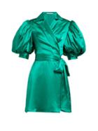 Matchesfashion.com Alessandra Rich - Puff Sleeve Silk Charmeuse Wrap Dress - Womens - Green